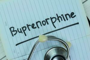 Concept of Buprenorphine write on book with stethoscope isolated on Wooden Table. photo