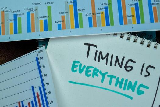 Concept of Timing is Everything write on sticky notes isolated on Wooden Table. photo