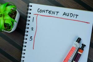 Concept of Content Audit write on book, Supported by an additional services isolated on Wooden Table. photo