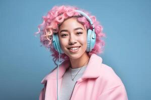 sonriente asiático mujer con rosado pelo escucha canción en auriculares. generativo ai ilustración foto