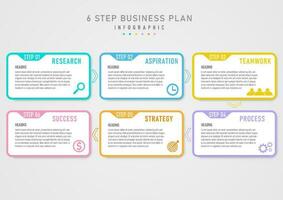 simple infographic template 6 steps business planning to success pastel square arrow direction icon bottom right corner and letters on a white background gray gradient background vector