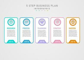 infographic template 5 steps business plan for success multi colored squares top circle with letter center icon on white background gray gradient design for marketing, product, project, finance vector