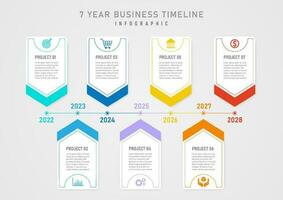 infographic template timeline 7 years spiky square multi color line with circles Colored icons and letters on a white background. Design for business, marketing, product, project, finance, planning. vector