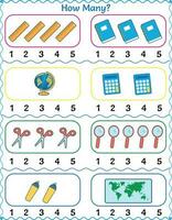 Math educational worksheet count, and circle for  preschool from one to five, school objects vector