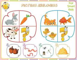 Logic worksheet picture analogies for kids are educational exercises that help children develop logical reasoning skills by identifying relationships between pictures. They enhance critical thinking vector