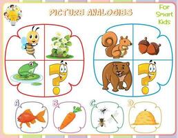 Logic worksheet picture analogies for kids are educational exercises that help children develop logical reasoning skills by identifying relationships between pictures. They enhance critical thinking vector