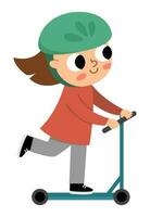 Girl riding a scooter in helmet icon. Cute eco friendly kid. Child using alternative transport. Earth day or healthy lifestyle concept vector