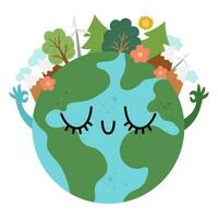 Vector earth for kids. Earth day illustration with cute kawaii smiling planet with closed eyes. Environment friendly icon with globe and forest on top. Ecological concept