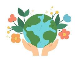 Vector hands holding earth with flowers. Earth day illustration with cute planet. Environment friendly icon with globe. Cute ecological concept