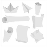 Vector paper set. Paper ship, scroll, plane and serviette illustration. Origami clip art isolated on white background.