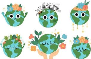 Vector earth set for kids. Earth day collection with cute kawaii smiling planets. Environment friendly icons with globe and forest, pollution or flowers on top. Ecological concept