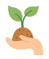 Vector hand holding growing baby plant. Ecological planting a seed or tree concept. Deforestation and forest protection illustration. Earth day icon