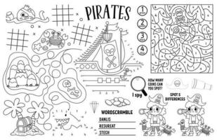 Vector pirate placemat for kids. Treasure hunt printable activity mat with maze, tic tac toe charts, connect the dots, find difference. Sea adventure black and white play mat or coloring page
