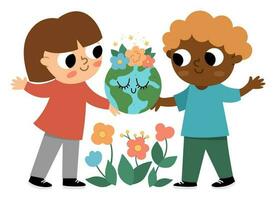 Cute eco friendly kids holding smiling earth in hands. Boy and girl caring of planet and environment. Earth day illustration. Ecological vector concept with children and globe with flowers