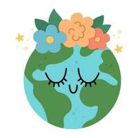 Vector earth for kids. Earth day illustration with cute kawaii smiling planet with closed eyes. Environment friendly icon with globe and flowers on top. Ecological concept