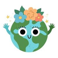 vector tierra para niños. tierra día ilustración con linda kawaii sonriente planeta. ambiente simpático icono con globo y flores en cima. ecológico concepto