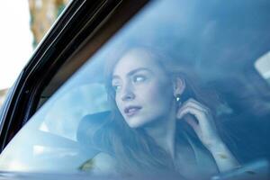 Beautiful young businesswoman sitting on back seat of a car and looking outside the window. Female business executive travelling by a cab. photo