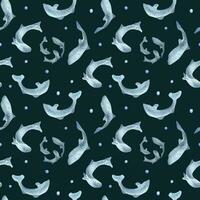 Fish silhouettes salmon, trout watercolor seamless pattern isolated on black background. Swimming wild blue fish hand drawn. Design element for package, label, textile, wrapping, background, print vector
