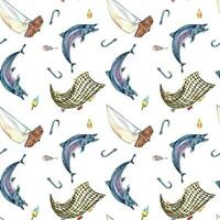 Seamless pattern of sea fish and sail boat watercolor illustration isolated on white. Fishing boat and salmon, trout hand drawn. Design element for textile, packaging, wrapping, background, market vector