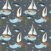 Seamless pattern of sea fish and sail boat watercolor illustration isolated on grey. Fishing boat, sea wave and tuna, hand drawn. Design element for textile, packaging, wrapping, background, market vector