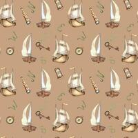 Adventure items, ship watercolor seamless pattern isolated on beige. Compass, spyglass, sailboat, rusty key, ship hand drawn. Design boy print, wrapping, textile, vintage style wallpaper, background vector