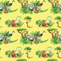 Cartoon animals watercolor seamless pattern isolated on yellow vector