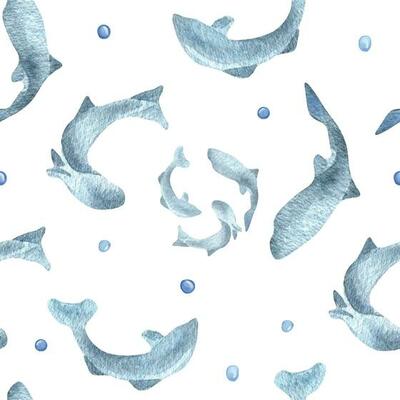 Fish silhouettes salmon, trout watercolor seamless pattern isolated on white background. Swimming wild blue fish hand drawn. Design element for package, label, textile, wrapping, background