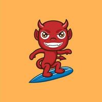 cute cartoon devil playing surfing vector