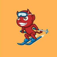 cute cartoon devil snow skiing vector