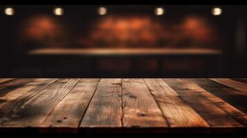 a front view of a dark brown, empty wooden table with a blurry background, serving as a blank wood table mockup, photo