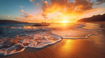 naranja y dorado puesta de sol cielo en el playa, evocando un soleado verano vacaciones ánimo, Perfecto para un viaje fiesta bandera, ai generativo foto