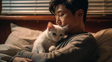 young Korean Man people hold a cat in the hands, looking and smiling, creating a cozy afternoon in the bedroom, can and people relationship, photo