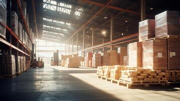 A large, clean warehouse with truck filled with numerous boxes and items, dedicated to logistics and e-commerce, bathed in the warm afternoon light. photo