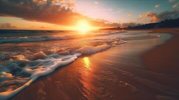 naranja y dorado puesta de sol cielo en el playa, evocando un soleado verano vacaciones ánimo, Perfecto para un viaje fiesta bandera, ai generativo foto