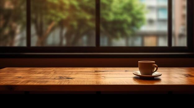 el café taza es cerrado arriba en un de madera mesa en el café tienda cerca el ventana, iluminado por calentar tarde luz, y allí es Copiar espacio disponible para contenido y bandera, ai generativo foto