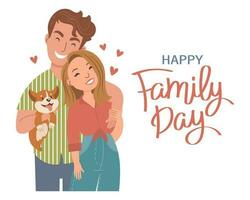 Happy Family Day. Cute family, parents with children and lettering. Poster, banner, greeting card. Illustration, vector