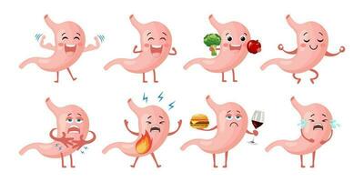 Healthy and unhealthy stomach character icons set. Flat cartoon illustration. Digestive tract, healthy eating, sports, yoga, heartburn, bloating, heaviness, stomach concept. Medical icons vector