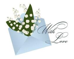 A bouquet of lilies of the valley in an envelope. Congratulations banner, postcard, poster, vector