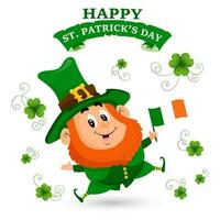 St. Patrick's Day illustration, Cute leprechaun with Ireland flags and clover leaves. Postcard, holiday banner, vector