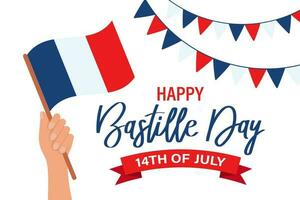 Happy Bastille Day. French National Day poster. Hand with the flag of France and lettering. Illustration, vector