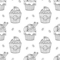 Seamless pattern, hand drawn outline cupcakes and coffee beans. Print, cafe menu background, vector