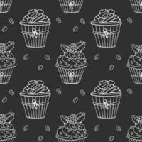 Seamless pattern, hand drawn outline cupcakes and coffee beans. Print, cafe menu background, vector