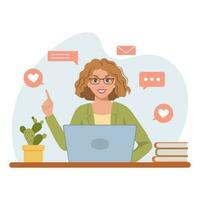 A woman with a laptop gets likes, comments, reviews, feedback. Blogger, freelancer. Illustration, clip art, vector