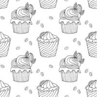 Seamless pattern, hand drawn outline cupcakes and coffee beans. Print, cafe menu background, vector