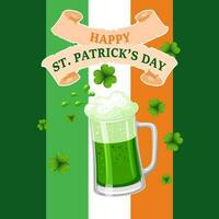 St. Patrick's Day, mug with beer on the background of the flag of Ireland with shamrock leaves. Illustration, postcard, banner, vector