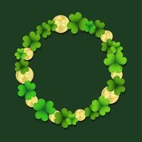 St. Patrick's Day, elegant round frame with shamrock leaves and gold coins isolated on white background. Postcard, banner, poster, vector