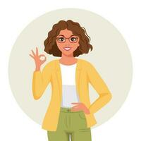 Woman with joyful expression shows hand ok, gesture. The concept of human emotions. Flat style illustration, vector