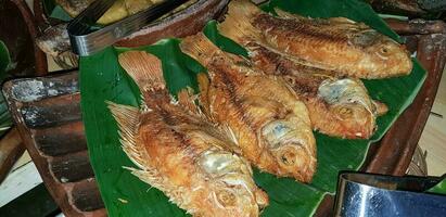 Seafood dish served on the table and plate from above with different kind of dish from fried fish barracuda, snapper, tuna jaws, and also mix of tropical vegetables photo