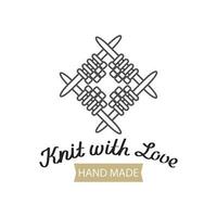 Knit with love lettering and knitting needles with a knitted fabric. Hobby icon, logo, vector