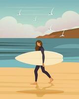 Surfer girl on the seashore with a surfboard against the backdrop of a seascape. Active recreation concept, poster, vector